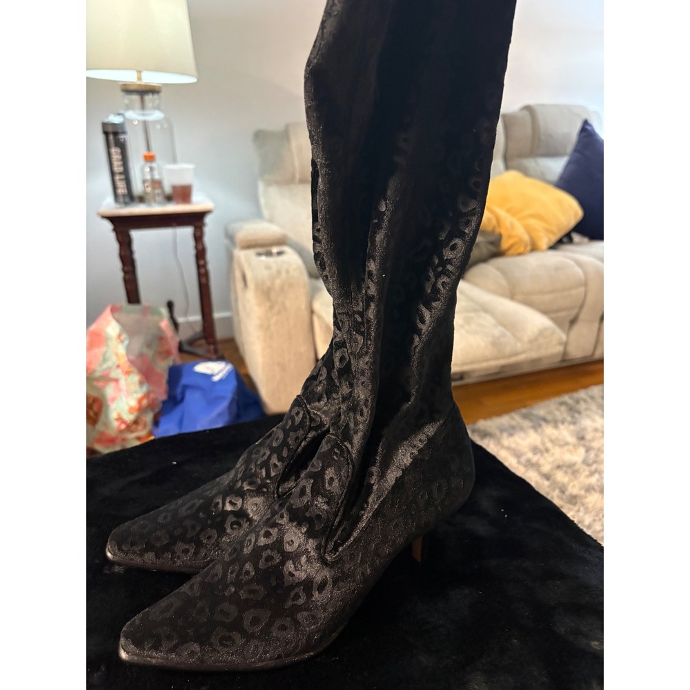 Donald J Pliner Black Velvet Leopard Print Knee High Boots Kitten Heel Women 6M